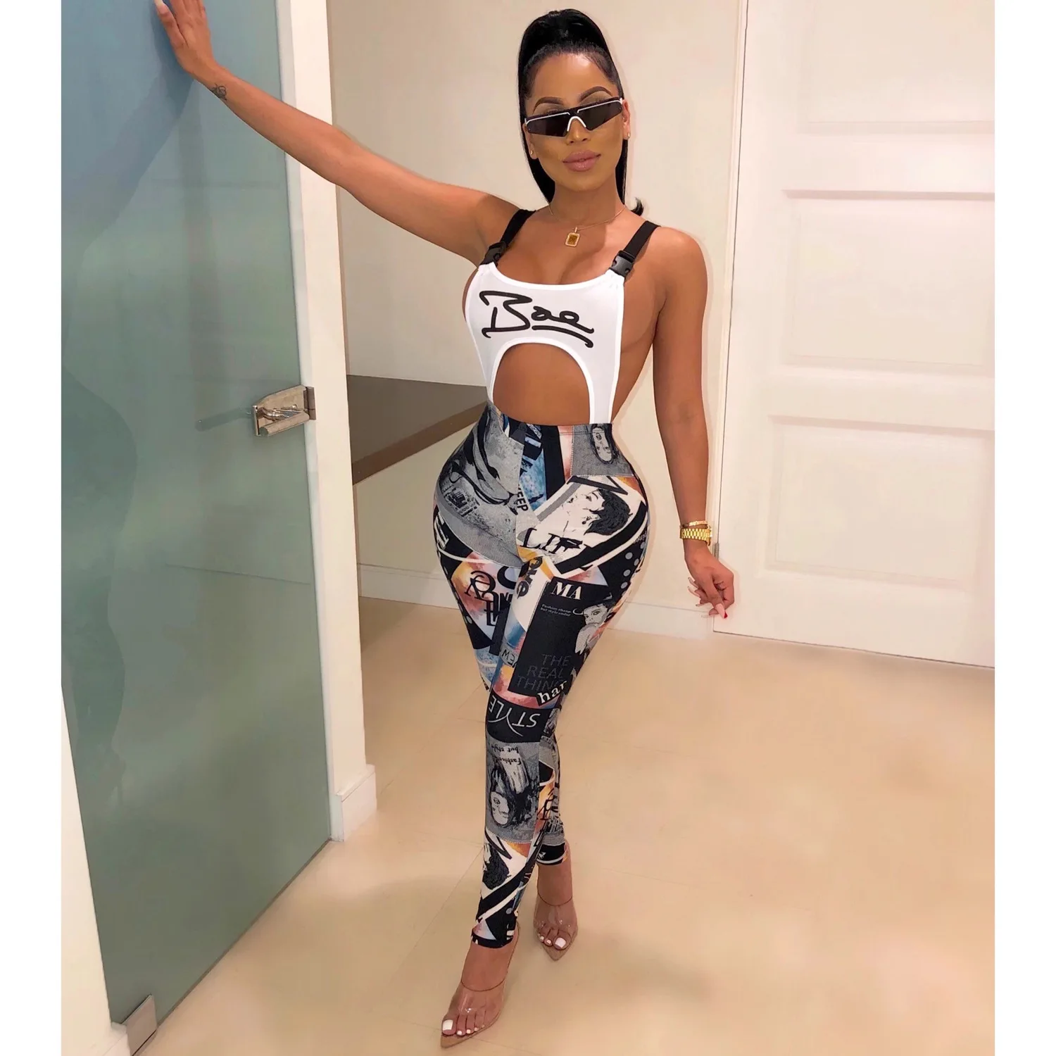 

Fashion Graffiti Print Sexy Bodycon Jumpsuit Buckle Hollow Out Backless Overalls Rompers for Women Club Outfits