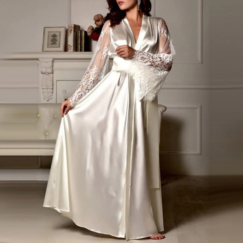 

Female Lace Patchwork Long Bathrobes Nightgown Soft Silk Dressing Gown Bathrobe For Women Sleepwear Ladies Sexy Sleepwear