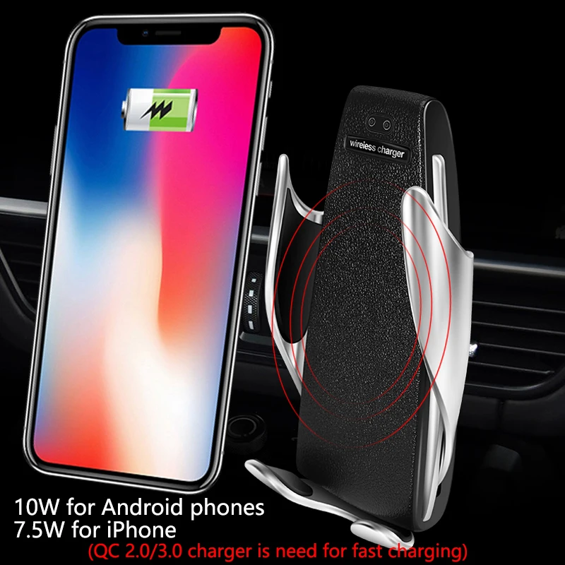 Беспроводное автомобильное зарядное устройство для iPhone Samsung Huawei Smart Auto Clamp 10 Вт Qi