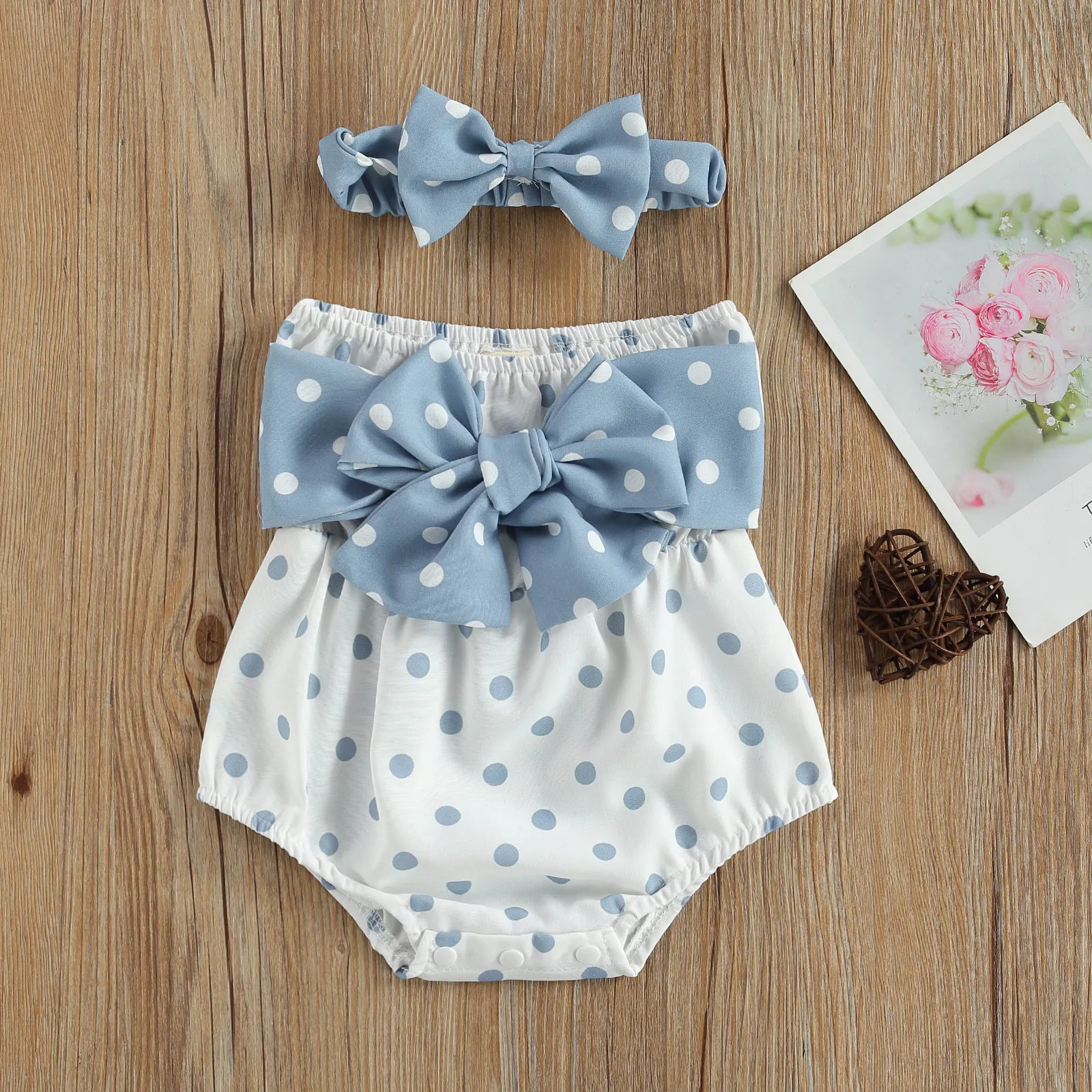

2 Pcs Newborn Bowknot Outfits Baby Girl Strapless Polka Dot Print Boat Neck Romper + Headband
