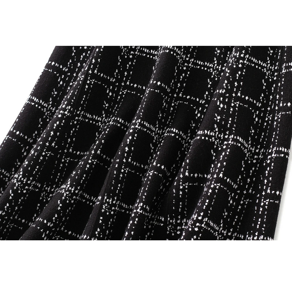 

New Autumn Winter Plaid Skirt WF0188 High Waist Long Skirt Warm A Line Black Apricot Women Knitted Skirt