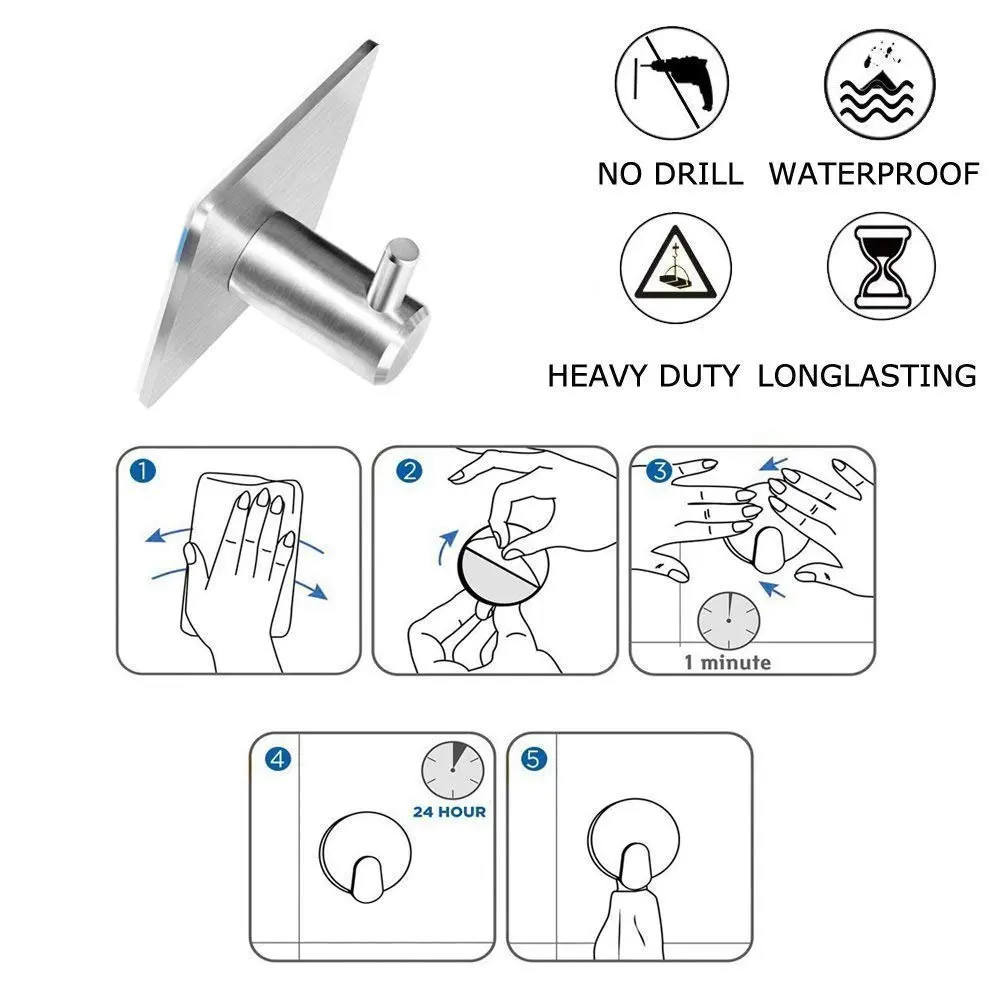 Pack 5 Hooks self-adhesive hook bag 304 stainless steel hat towel robes hanger bathroom kitchen washroom closet Promot | Строительство