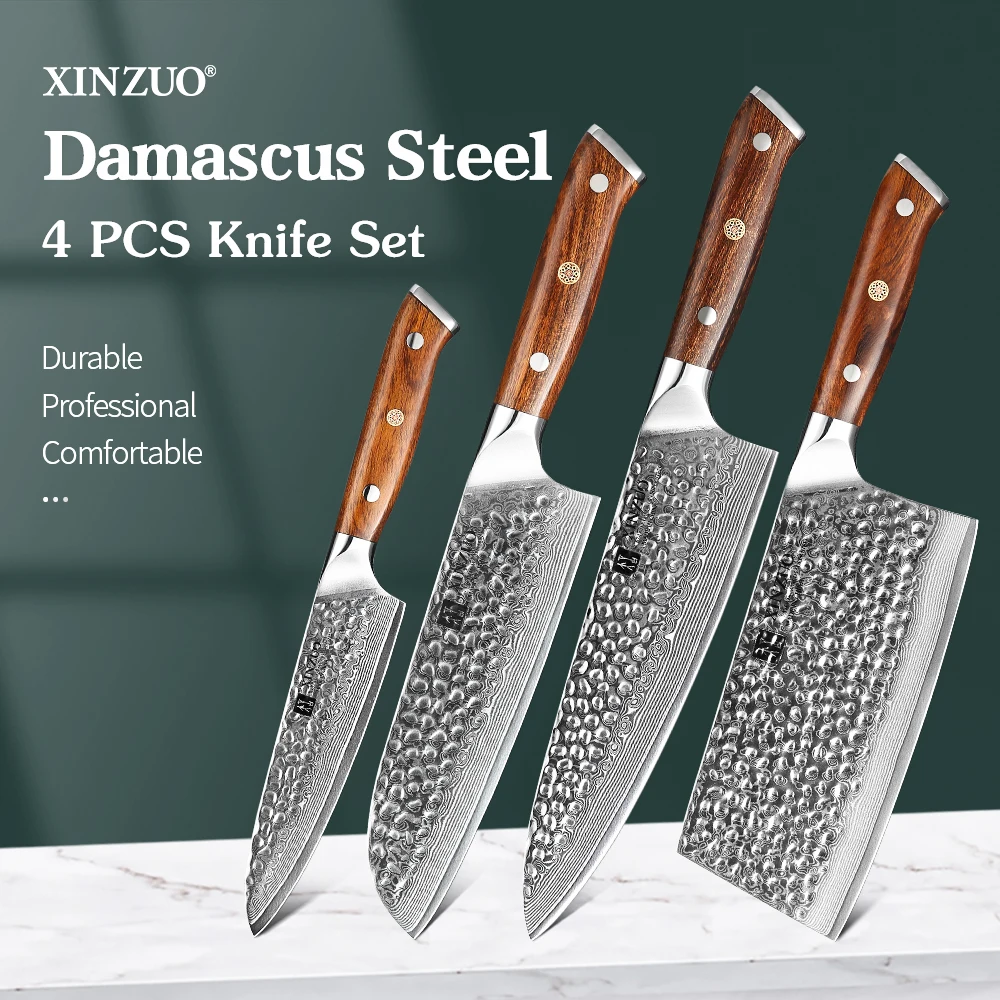 

XINZUO 4PCS Kitchen Knives Chef Sets Janpanse Damascus Steel VG10 Utility Santoku Cleaver Chef Knive Set Cooking Accessories