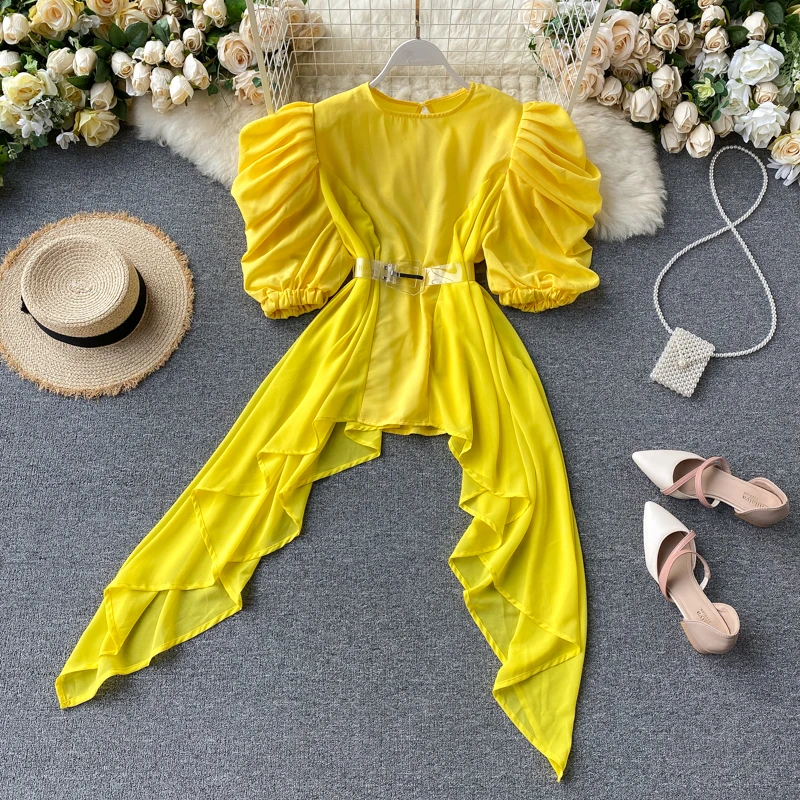 

VGH Asymmetric Hem T Shirt For Women O Neck Puff Short Sleeve Patchwork Ruched High Waist Ruffles T Shirts Female 2020 Summer