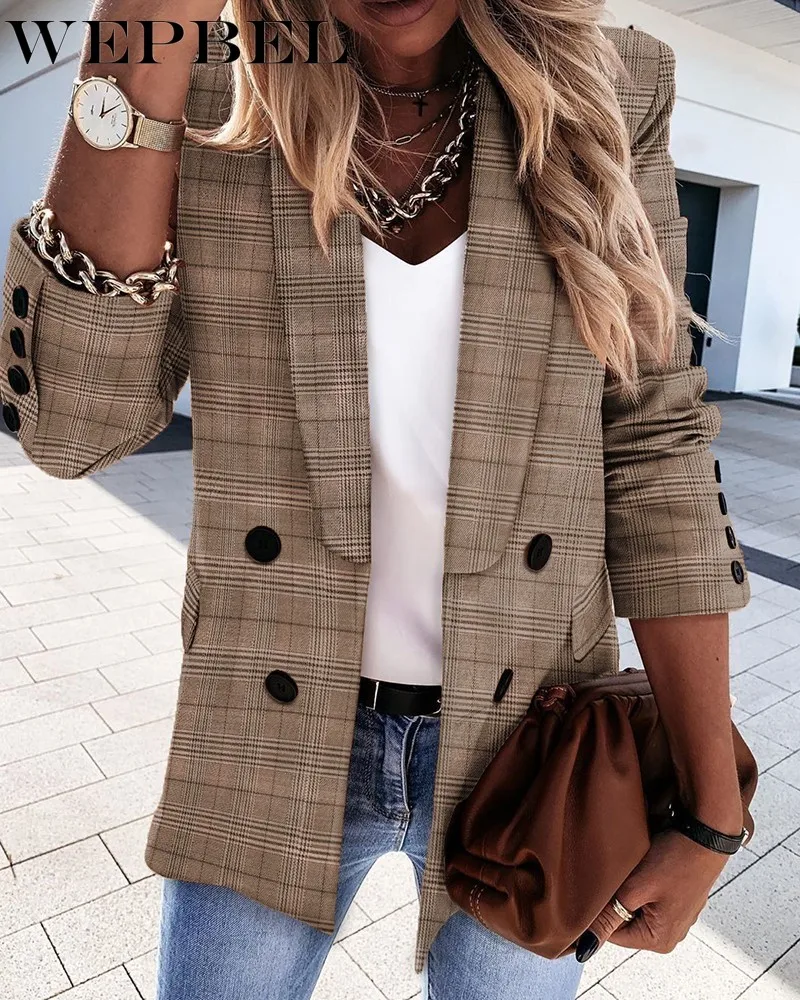 

WEPBEL Women's Casual Double-Breasted Sequined Plaid Jacket Spring Autumn Long Sleeve V-neck Slim-Fit Patchwork Coat Blazers