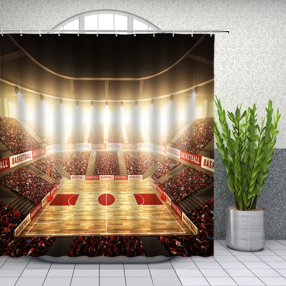 

Hot Sale Sports Basketball Court Shower Curtains Sports Competition Bathroom Decor Home Bath Waterproof Polyester Curtain Set