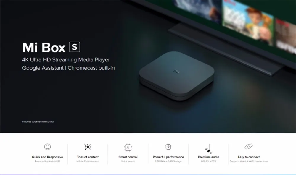 Xiaomi Mi Box S Android 8,1 tv Box 4K HDR Cortex-A53 четырехъядерный процессор 2 Гб ОЗУ 8 Гб ПЗУ 2,4 ГБ+ 5,8 Гб WiFi BT4.2 с голосовым пультом дистанционного управления