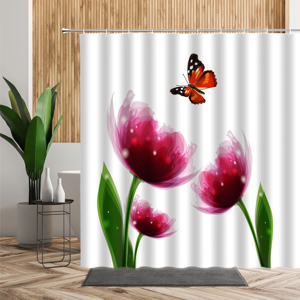 Весенняя занавеска для душа с 3D изображением бабочек и цветов красная фиолетовая