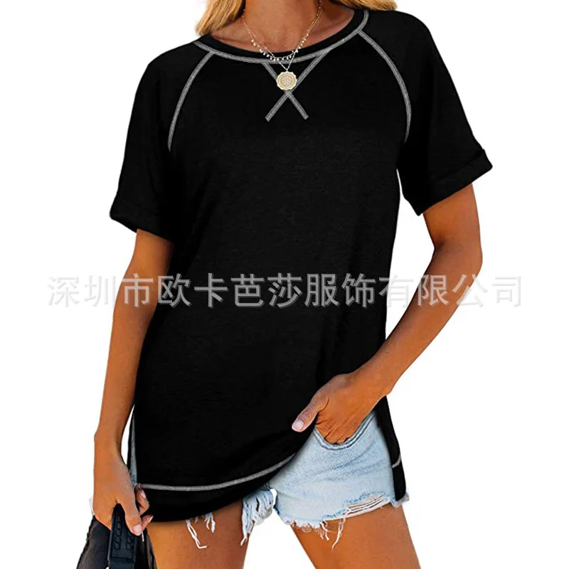 

Simple women's 2021 summer short sleeve stitching side split T-shirt casual loose top