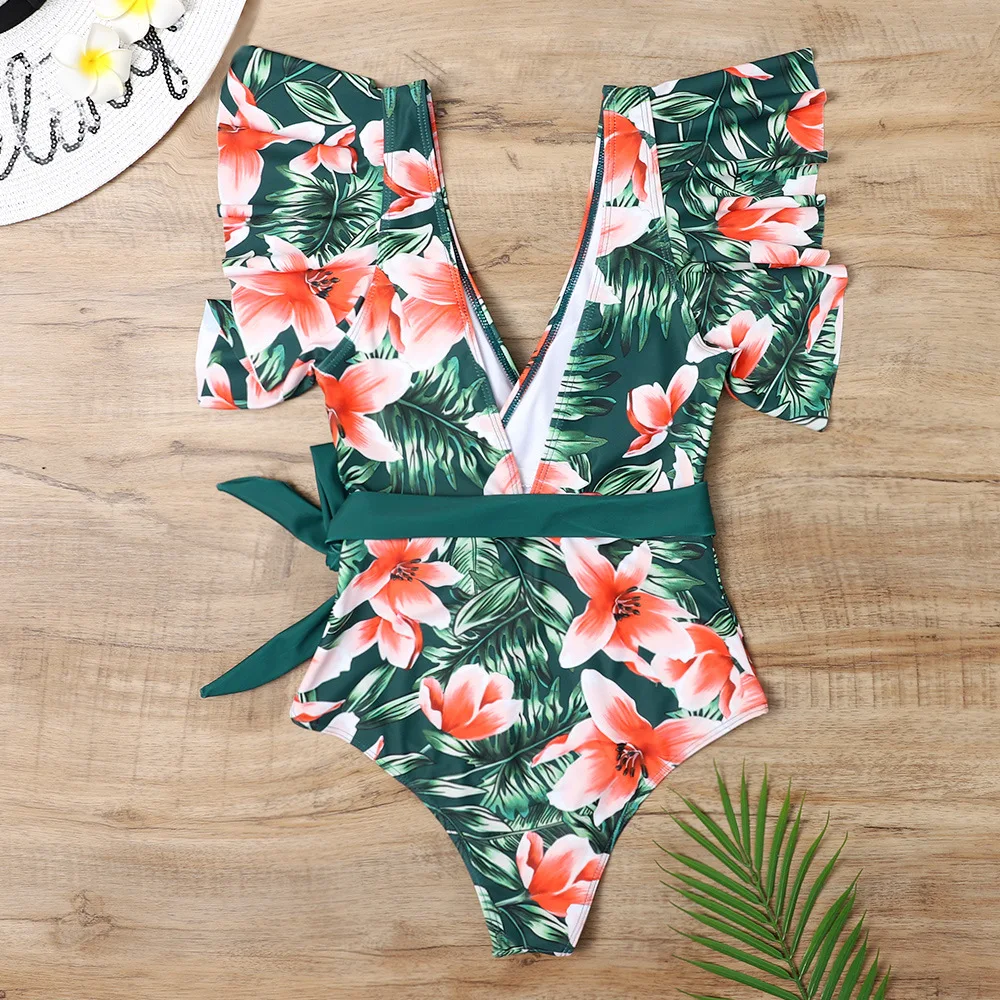 

Deep V Tropical Sexy One Piece Swim Suits Ruffle Belt Bathing Suit Women One Piece Swimsuit Tummy Control Boho Beachwear