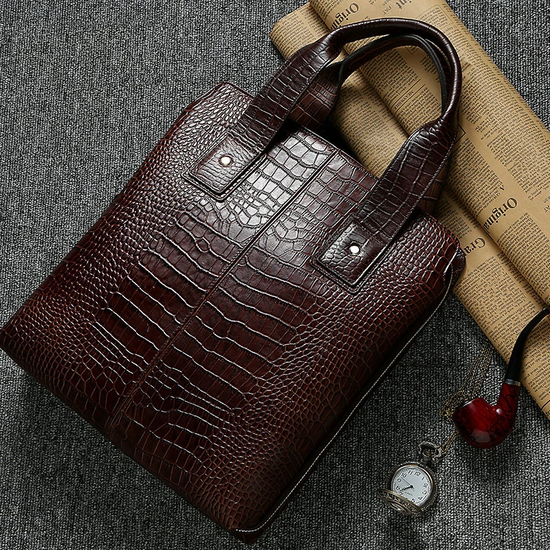 

Cowhide Men 100% Leather Classic Brown Color Briefcase Businessmen Bags Crocodile Printing Criefcases