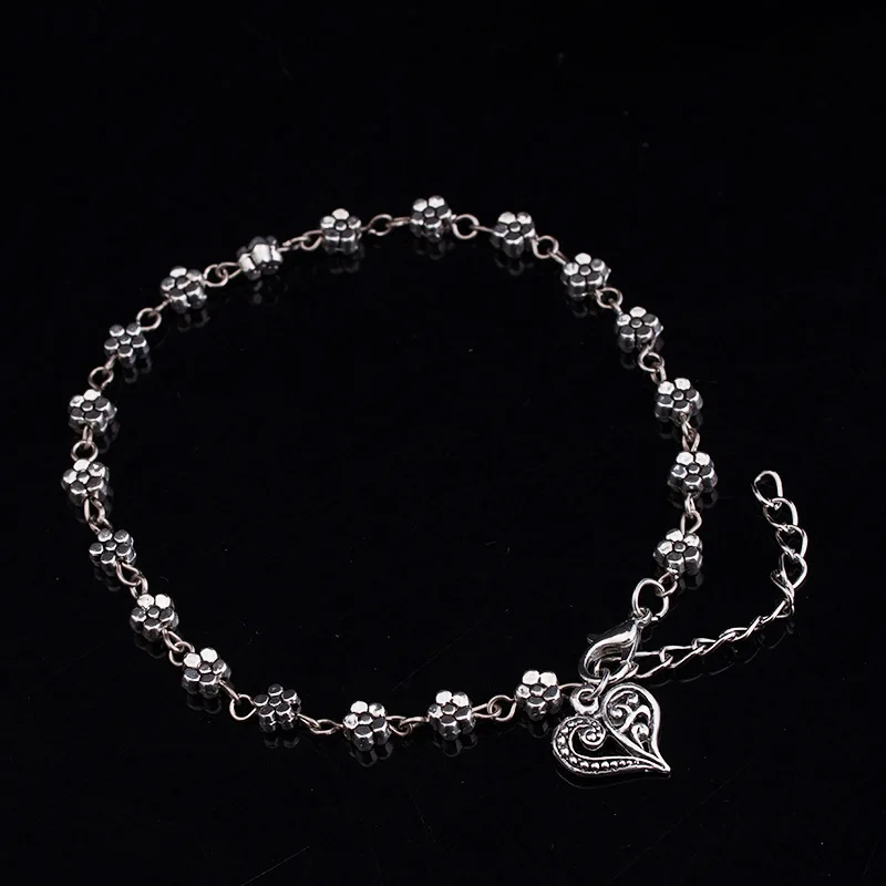 

New Fashion Foot Chain Tibetan Silver Hollow Plum Daisy Flowers Heart-Shaped Anklet For Women