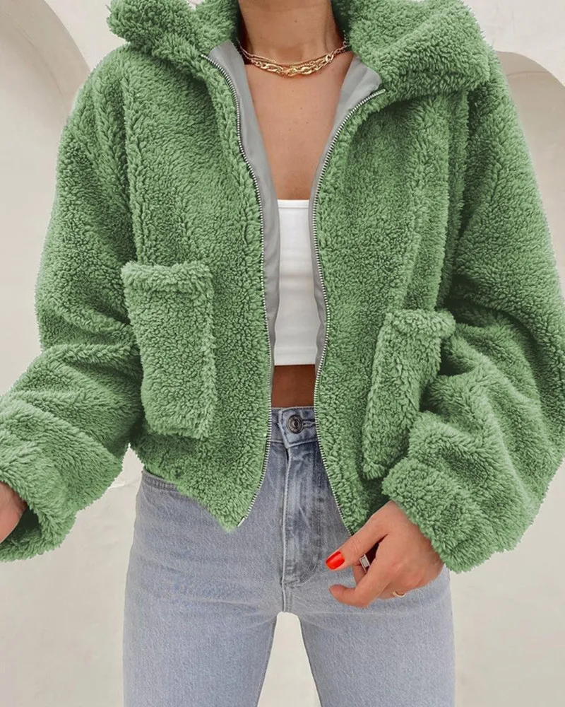 

winter women's jacket 2021 new Lantern Sleeve Pocket Detail Zip Up Teddy Coat