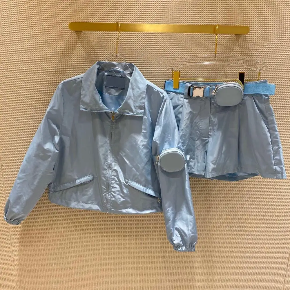 

2 Piece 2020 New Spring Summer Sports Suits for Women Candy Color Short Thin Jacket and Shorts Removable Bag Casual Suit Set
