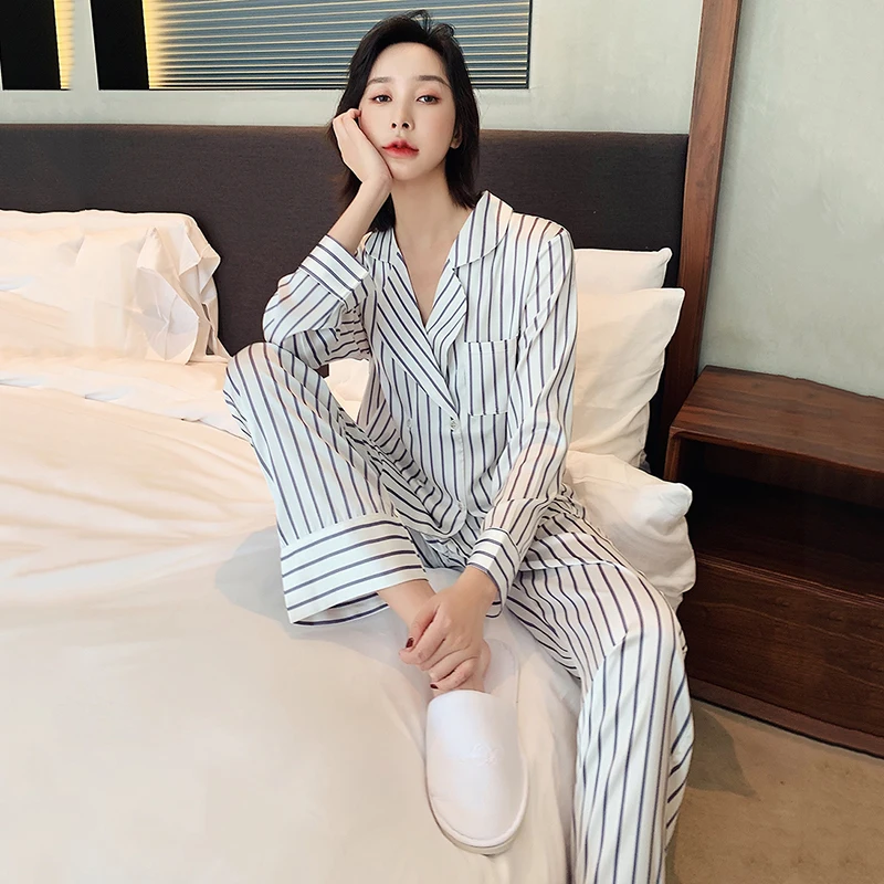 

LANMREM New Spring And Autumn Pajamas Set Women's Long Sleeve Ice Stain Stripe Simple Fashion Sleepwear Loose Comfortable YK146