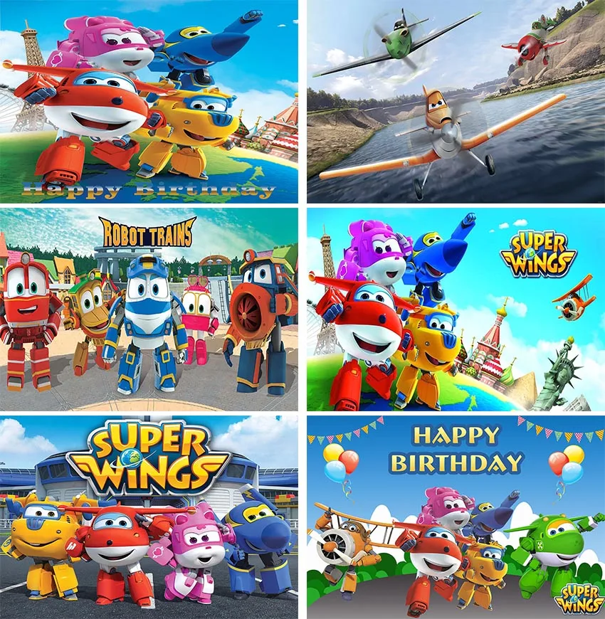 

Super Wing Airplane Robots Cartoon Photo Background Kids Birthday Party Dessert Table Wall Poster Vinyl Backdrop for Home Decor