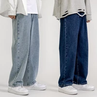 straight mid rise men jeans wide leg solid color hip hop denim pants streetwear