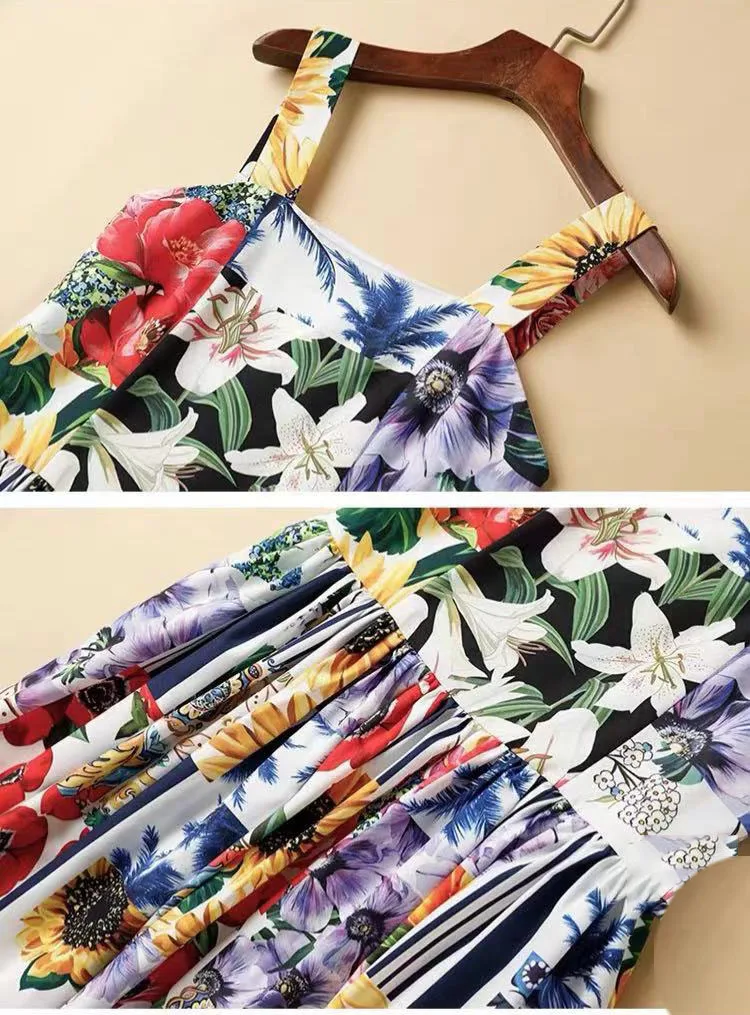 

ZALady Designer Runway Flower Printed Midi-long Woman Dress Elegant summer streewear party evening Spaghetti strap dresses robes