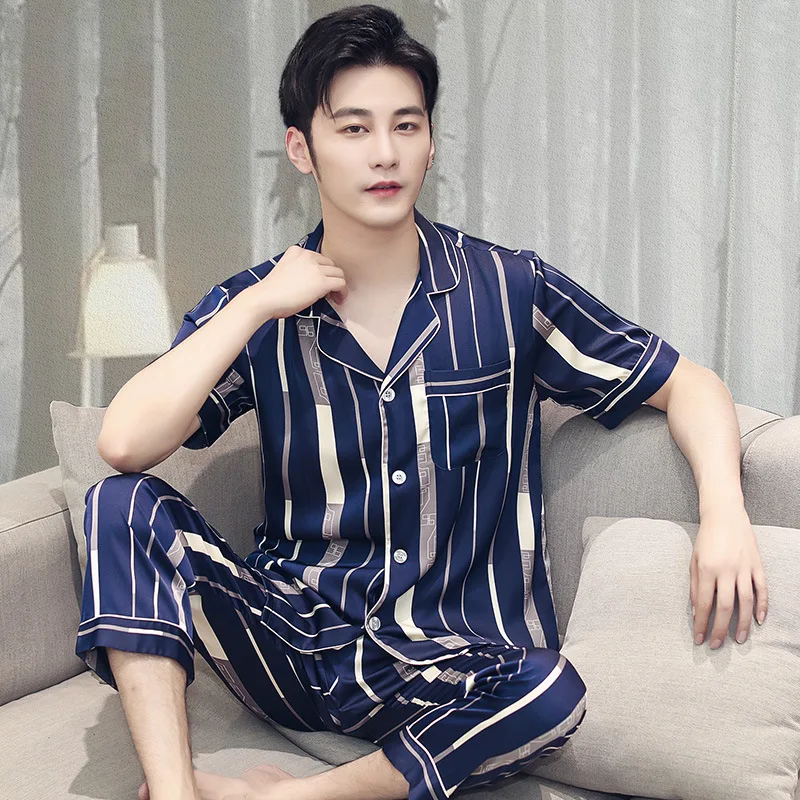2020 High quality pajamas for men: Spring and Autumn Long sleeve imitation silk for youth: Autumn and winter Home and summer ice