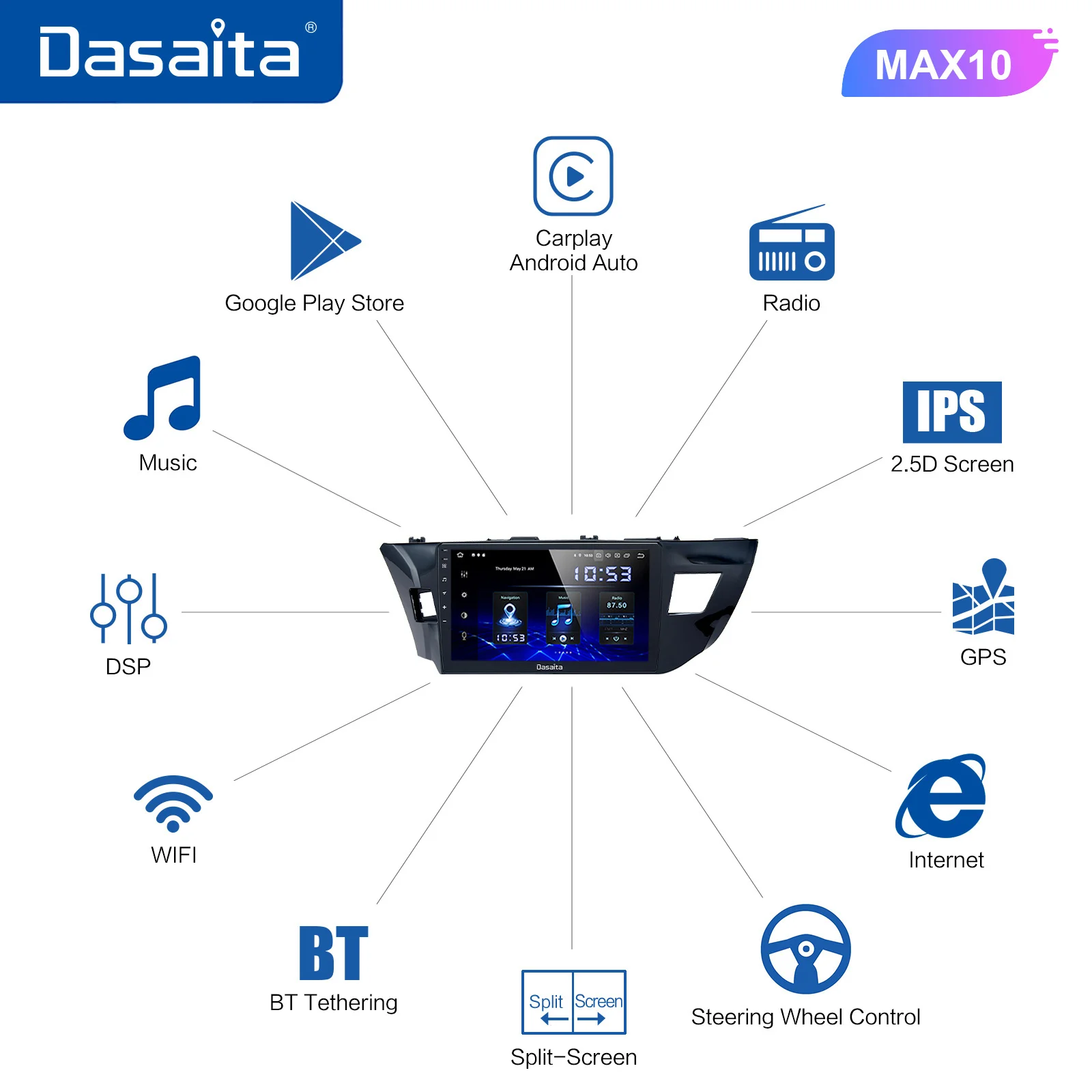 Мультимедийный автомобильный плеер Dasaita 10.2" Android 10 для Toyota Corolla 2014 2015 TDA7850 с мультитач-экраном 4 ГБ 2дин без DVD.