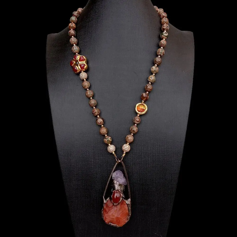 

Y.YING Dzi Agate Round Shape Red Agate Flower Murano Glass Carnelian Amethyst Bottle Shaped Pendant Necklace 24"