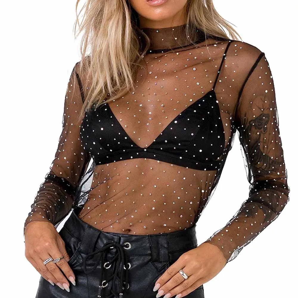 Женская шифоновая блузка с блестками летний топ длинным рукавом и отложным