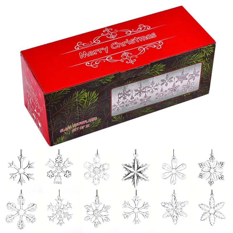 

12-Piece Set/Box High Borosilicate Glass Iridescent Snowflake Ornaments Christmas Tree Ornaments