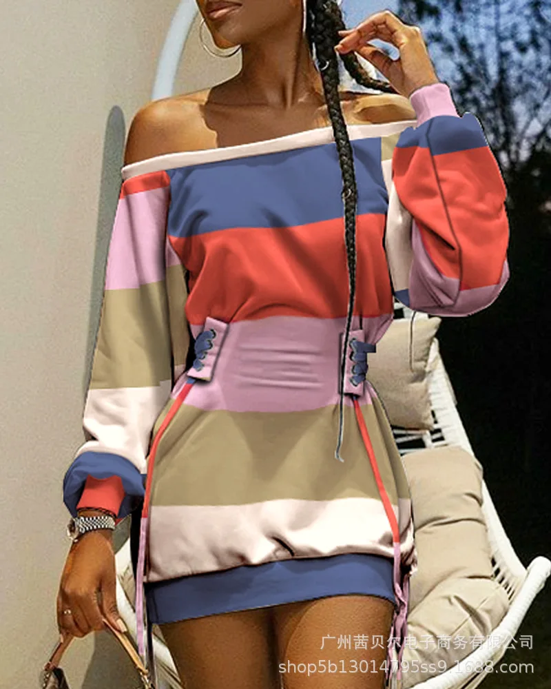 

High-quality ladies long-sleeved one-shoulder dress, new fashion, ladies one-shoulder strappy dress