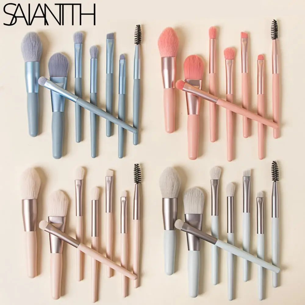 

Saiantth 8pcs wooden handle soft hair makeup brushes set foundation blush eyeshadow smudge brush cosmetic portable beauty tools