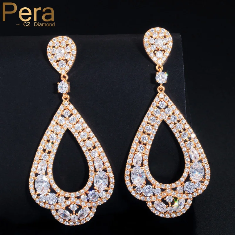 

Pera Luxury Afrian Bridal Wedding Jewelry Gift Big Statement Cubic Zirconia Stone Hollow Dangle Long Drop Earring For Women E371