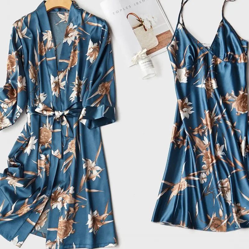 

Satin Print Crane 2PCS Robe Set Women Loose Nightwear Sexy Kimono Bathrobe Gown Sleepwear Intimate Lingerie 2021 New Nightgown