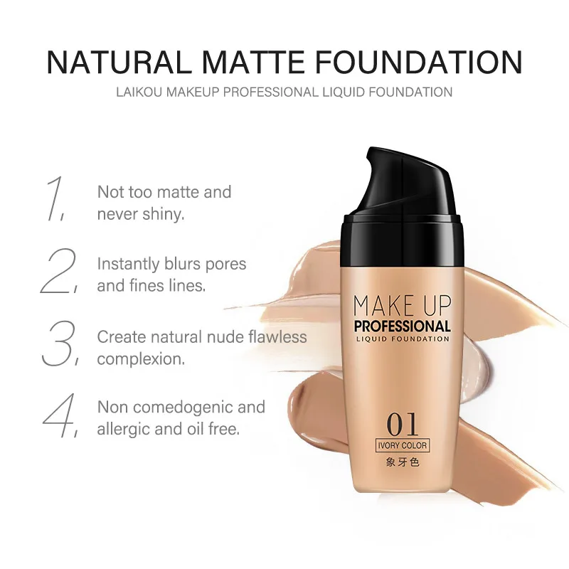 laikou Full Cover Liquid Foundation Makeup Face Base Long Lasting Concealer Primer BB Cream Make Up Cosmetics 50ml