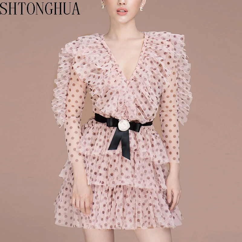 2019 летнее Сетчатое кружевное платье с оборками и бантом женские вечерние платья