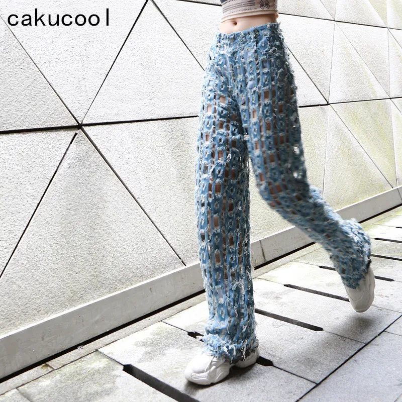 Cakucool/Винтажные потертые джинсы с дырочками рваные широкие брюки дизайнерские в