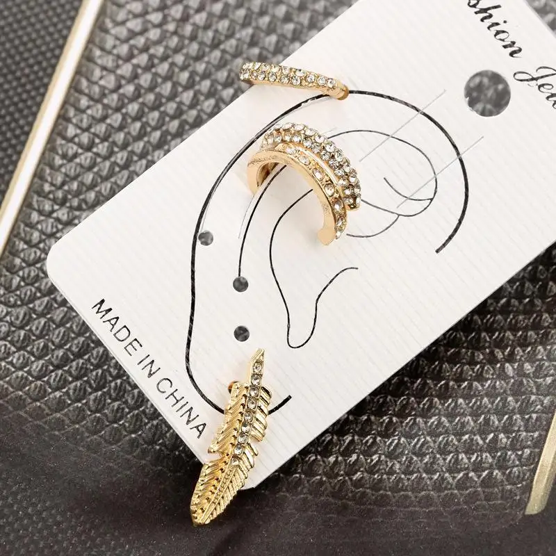 4 шт. Винтажные серьги клипсы в виде листьев золотого цвета с кристаллами манжеты