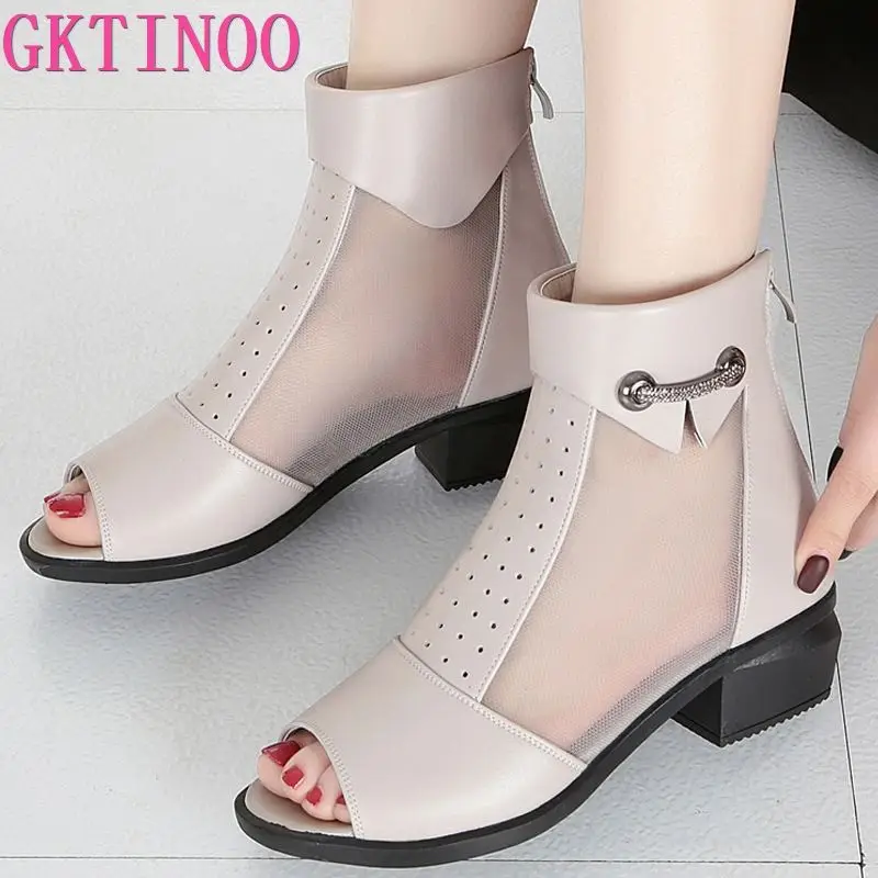 GKTINOO New Summer Ankle Boots For Women Fashion Cut-Out Mesh Zip Sandals Ladies Peep Toe High Heels Shoes Woman Genuine Leather | Обувь