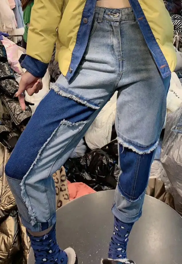 

Women's Jeans Leopard Spliced Nostalgic Casual Contrasting Patchwork Harem Pants Fashion Ripped Denim Pants s436