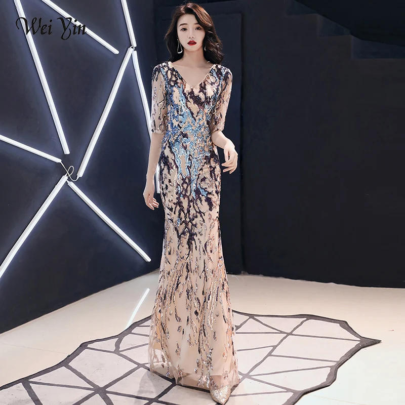 Вечерние платья AE0446 wei yin Robe De Soiree расшитые блестками с длинным v-образным вырезом
