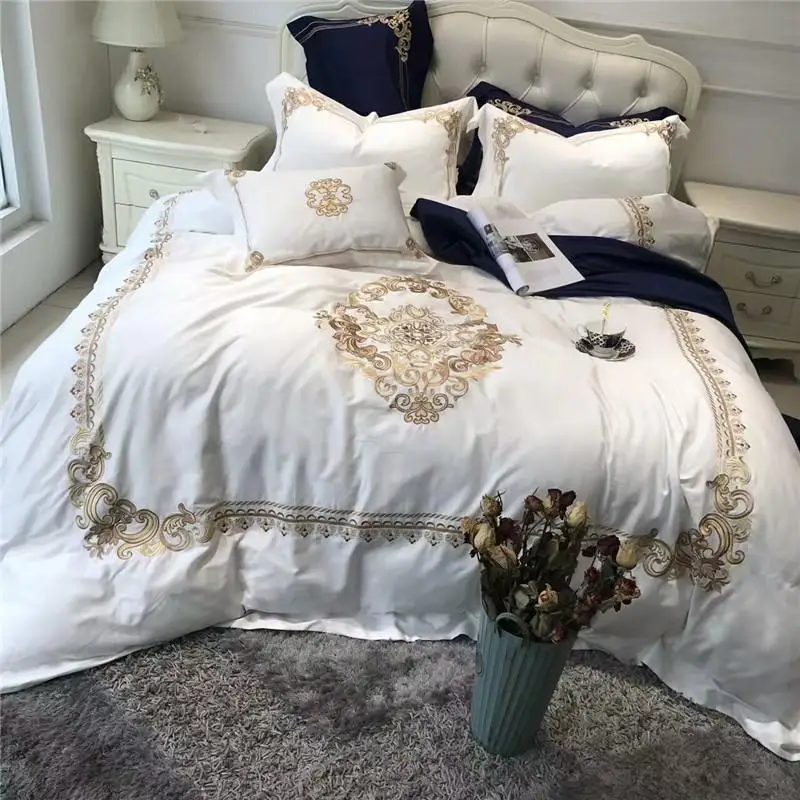 

5Pcs Luxury White Blue Egyptian cotton Queen King Bedding sets Oriental Golden Embroidery Duvet Cover Bed sheets set Pillowcase