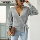 Повседневная Женская одежда, трикотажный свитер с V-образным вырезом и длинным рукавом, туника с поясом на осень и зиму, Y2K, топы, пуловеры, Женские однотонные Трикотажные изделия, 2022