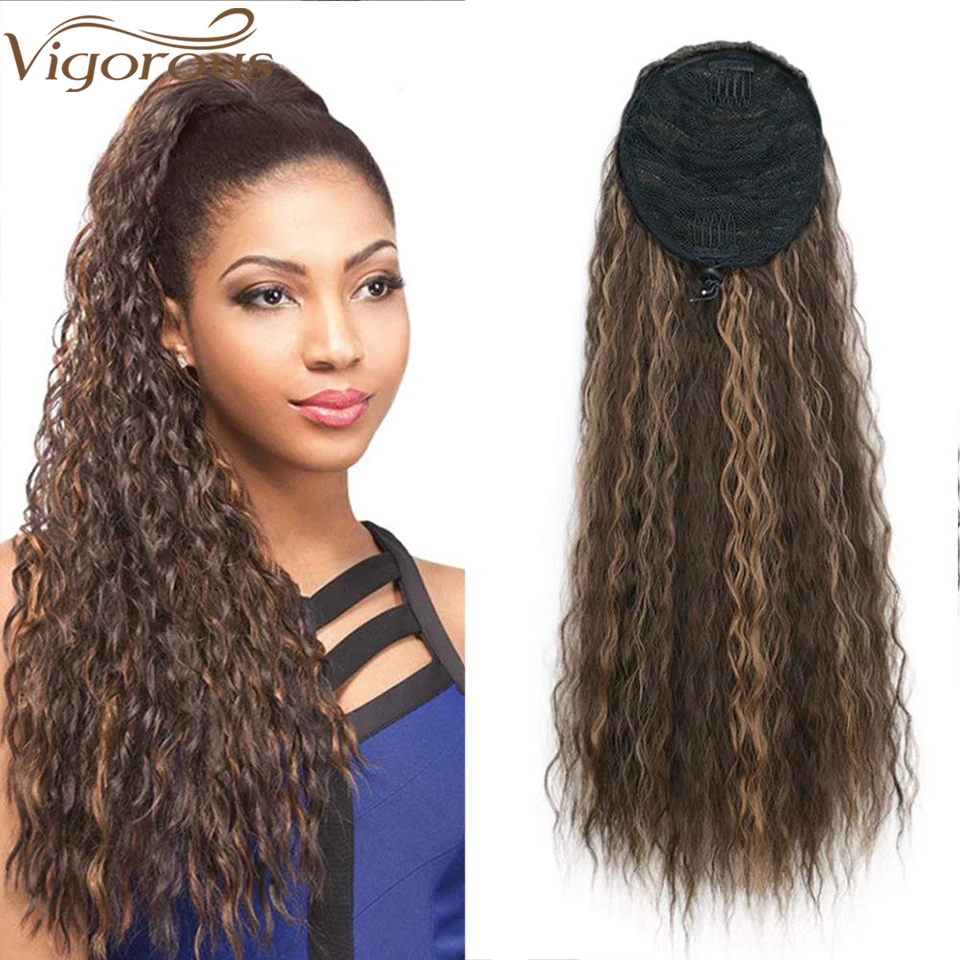 

Vigorous Long Afro Kinky Curly Ponytail Extension 22 Inch Synthetic Drawstring Corn Hair Piece for Women Black Brown