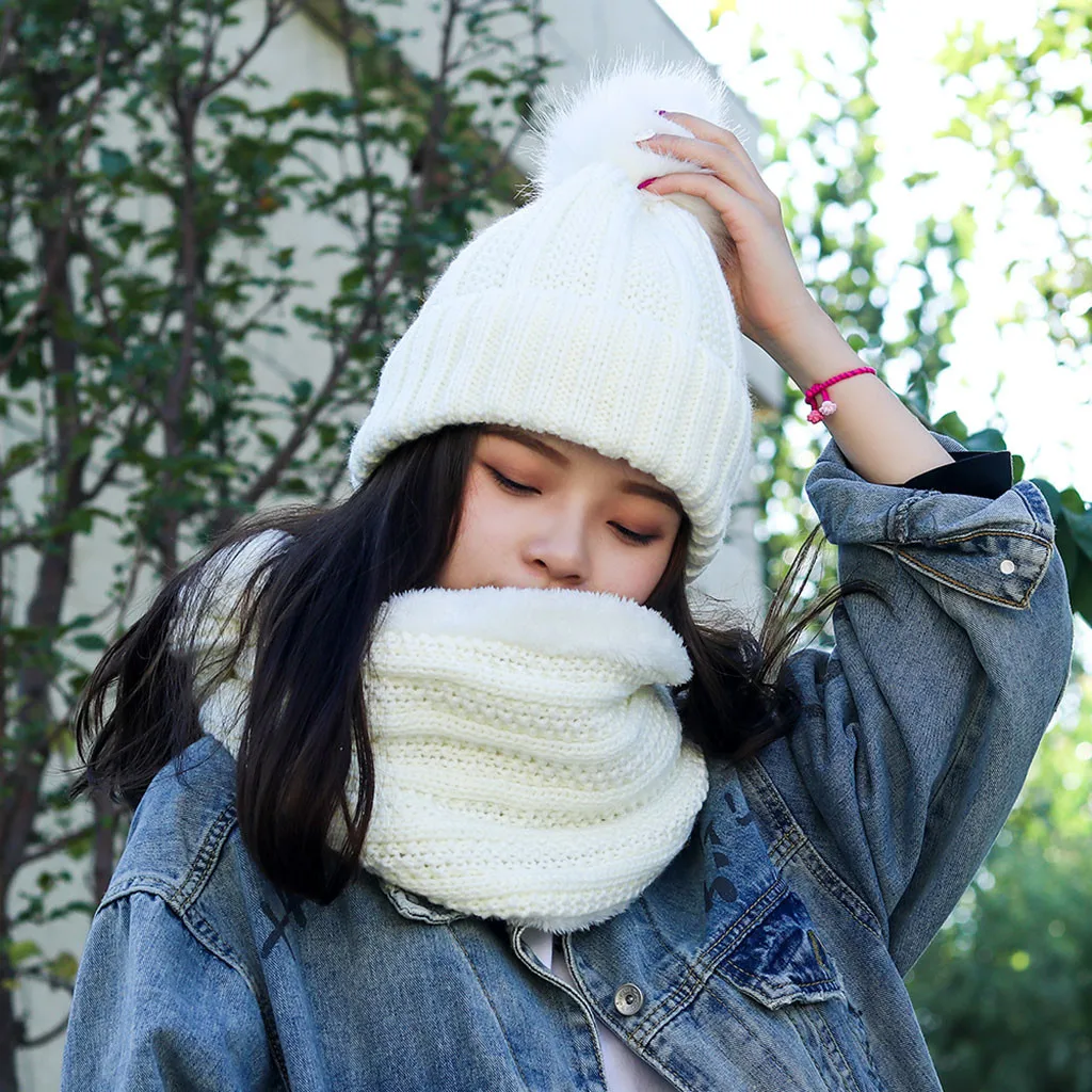 Зимняя Лыжная Мода пушистый помпон шерстяная теплая шапка для женщин 2 шт костюм