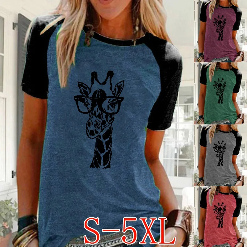 

Plus Size S-5XL Women Casual Raglan Sleeve Shirts Printed Crew Neck Ladies Fashion Loose T-shirt Short Sleeve Blouse Tops