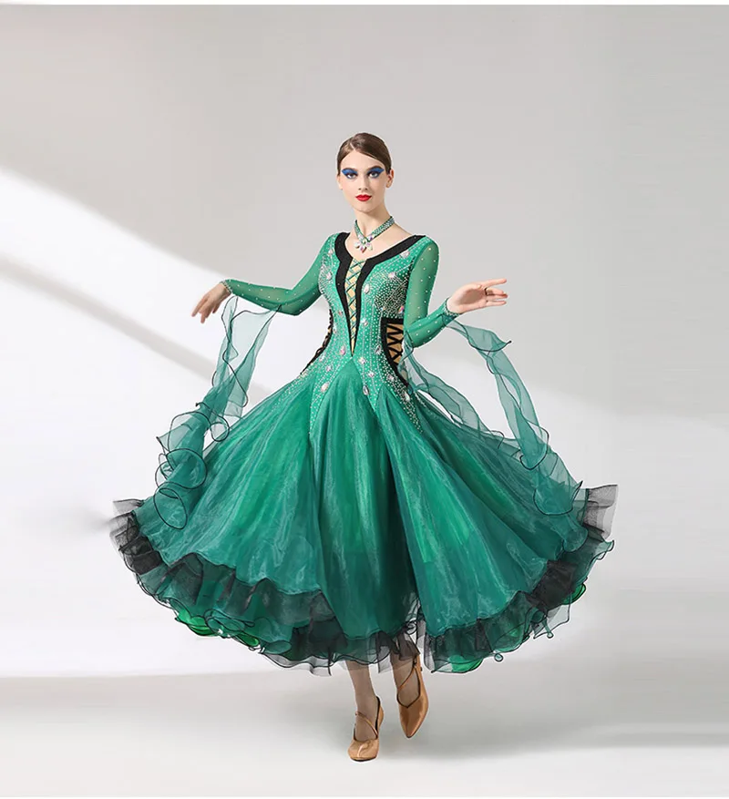 

Роскошное зеленое платье для бальных танцев, новинка 2022, профессиональные стандартные платья для бальных танцев, фламенко, вальса, танго
