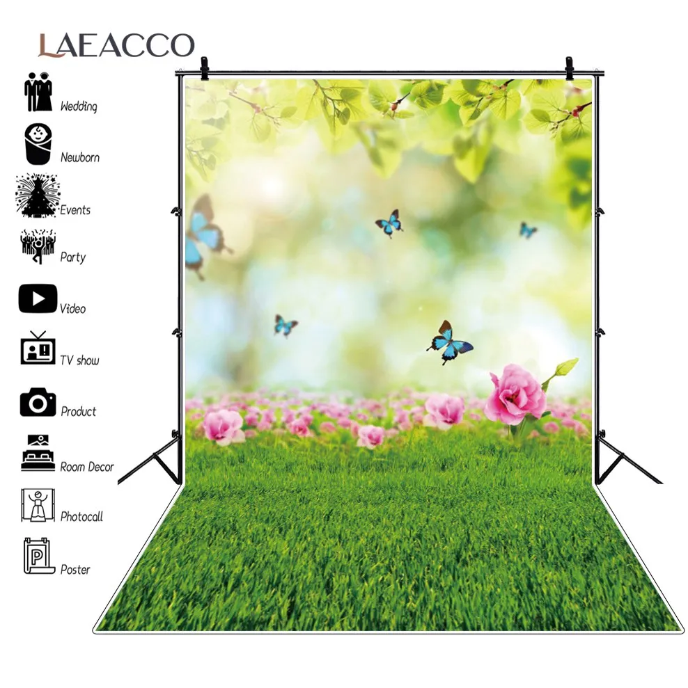 

Spring Green Grass Background Blossom Flowers Butterfly Child Portrait Backgrounds Photographic Backdrops For Photo Studio