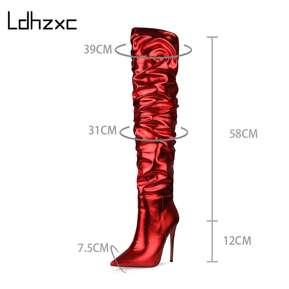

LDHZXC 2020 cowboy western knee high boots women pointed toe pleated European Style autumn winter boots thick high heels woman