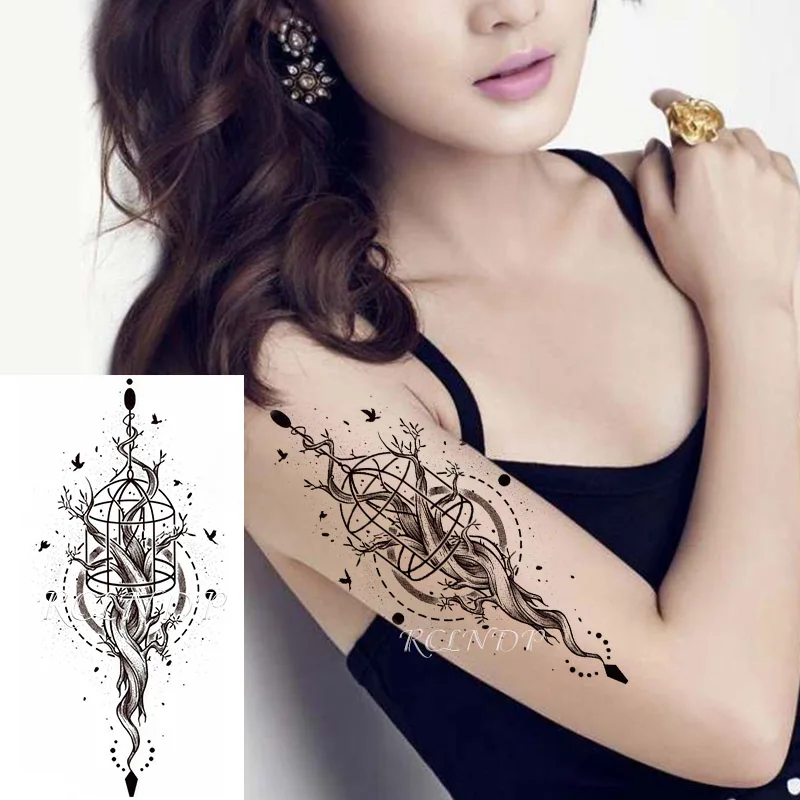 

Waterproof Temporary Tattoo Sticker Bird Birdcage Dead Tree Circle Geometry Element Fake Tatoo Flash Tatto Art for Women Men