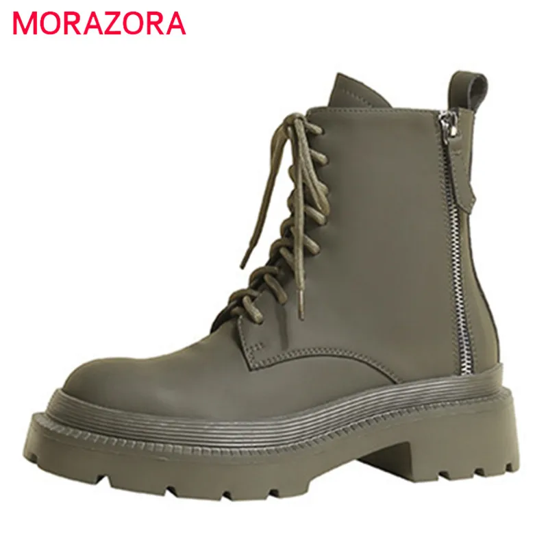

MORAZORA 2022 Top Quality Genuine Leather Boots Women Ankle Boots Zip Cross Tied Low Heels Fashion Shoes Women Motorcycles Boots