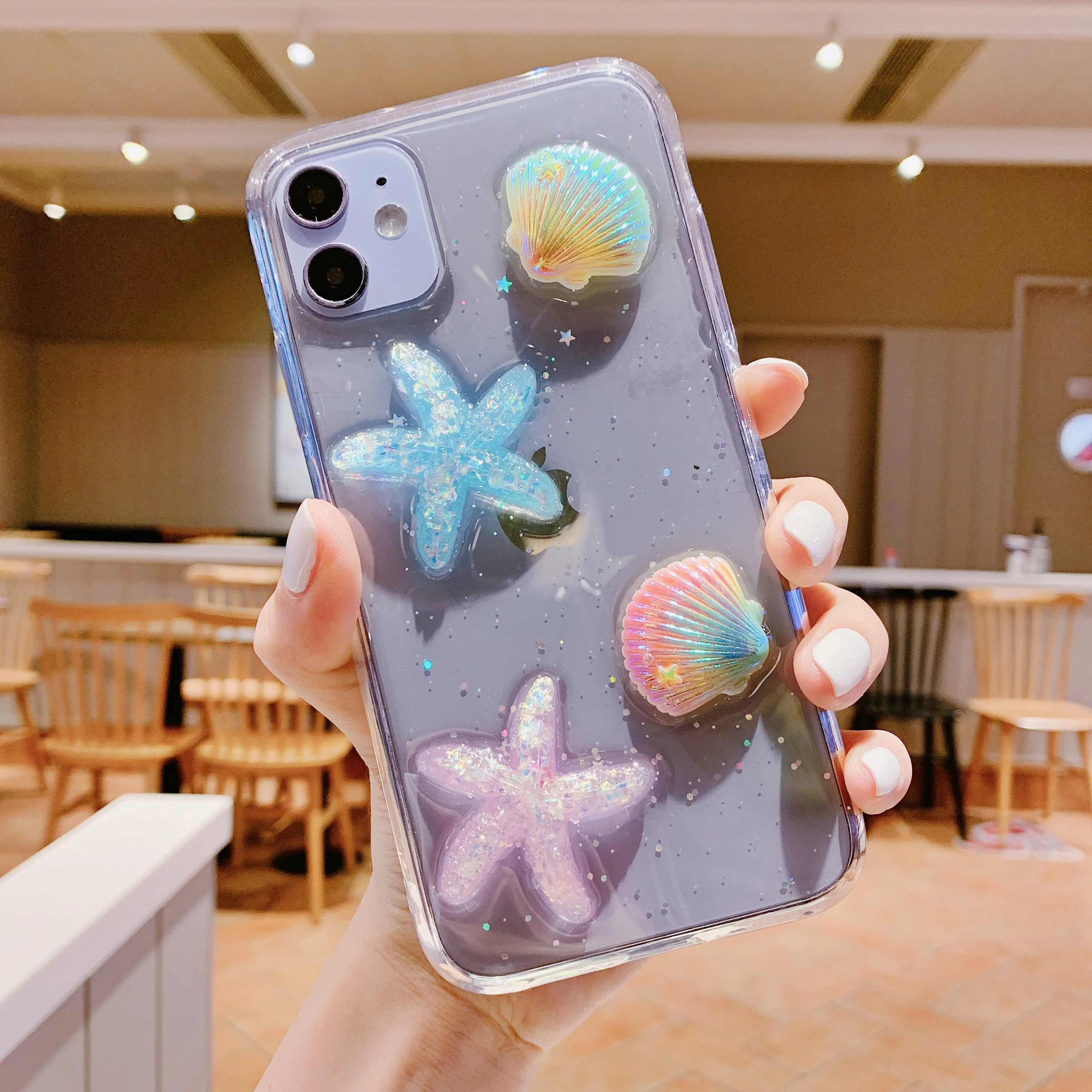 

Biling Cute Glitter Phone Case For iPhone 7 8 6 6s Plus Xr X Xs Max 11 Pro Max The Beach Starfish Shell Sequins Back Cover Case