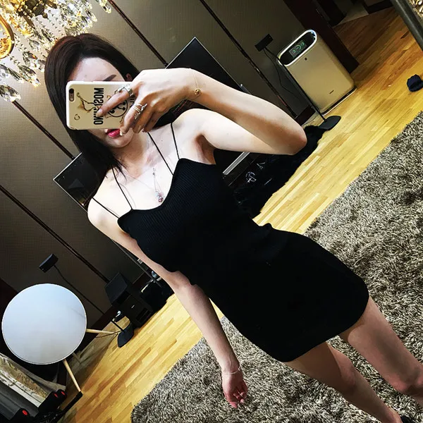 

Ice Silk Knit Suspender Dress Women Summer Outer Wear Sexy Slim Bodycon Mini Dress